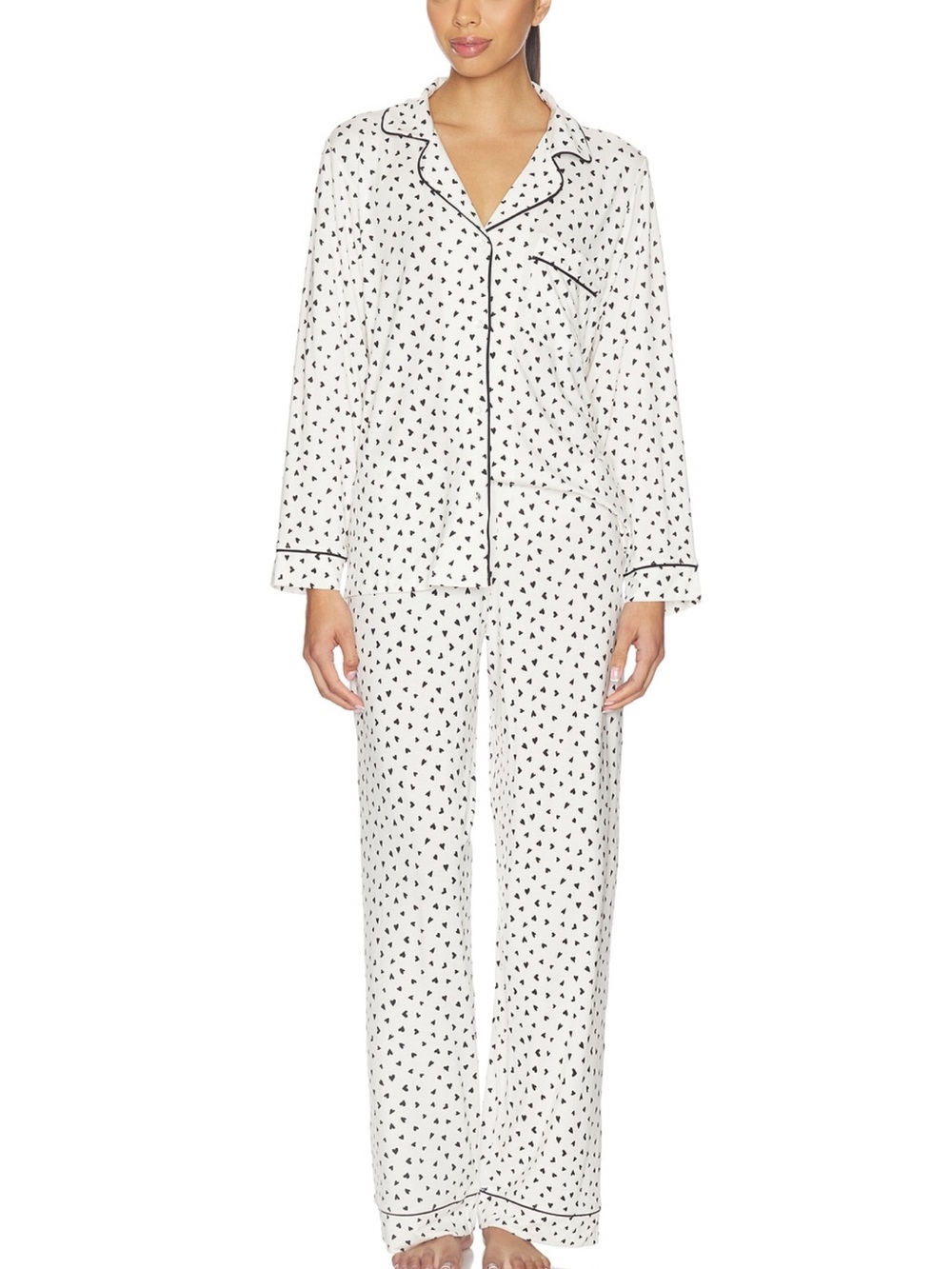 Eberjey Gisele long printed PJ set in “Heart to Heart / Black”